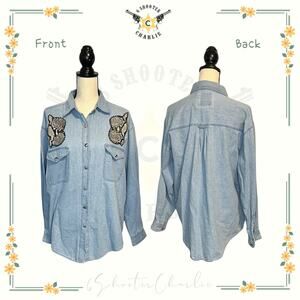 Vintage Robin Berry Western Blue Denim Shirt Faux Snake Skin Panels Size Large